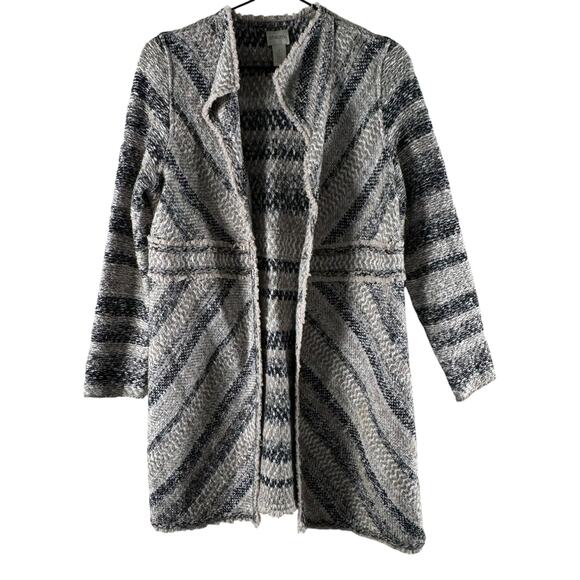 Chico's Sweater Jacket Gray 1 Hook Closure Striped Drap Collar Warm 1 Med 8 - Picture 1 of 10